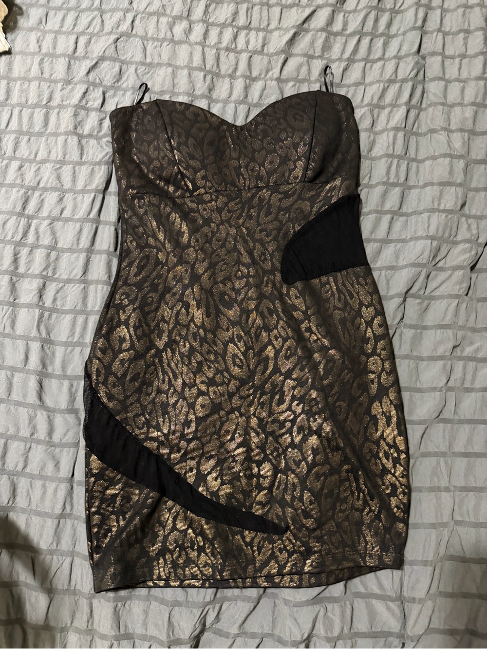 Symphony Gold and Black Leopard-Print Strapless Mini Dress